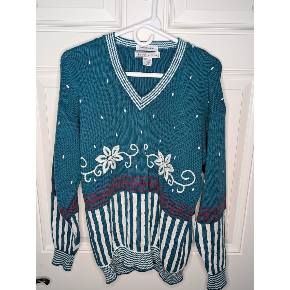 Vintage Izod Club Cable Knit Hand Embroidered Sweater Women's Medium Aqua